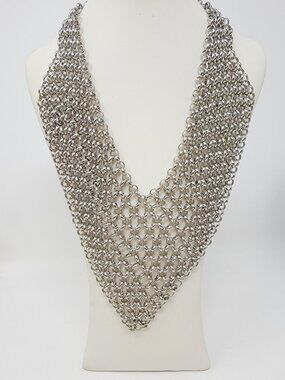 Chainmail Bib Necklace Silver Tone Statement Draped Mesh Collar Cosplay Armor St